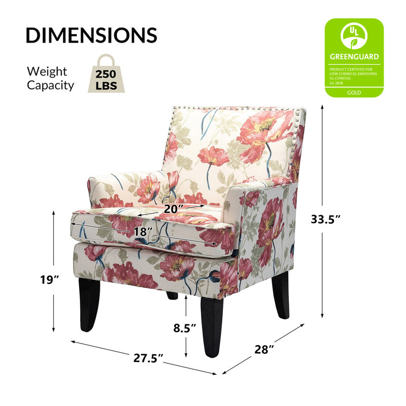 Fauteuil rembourré de 27,15 po de largeur avec garniture cloutée Iliana, Red Floral Polyester Blend