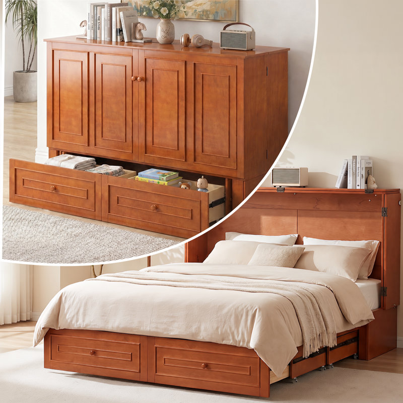 Queen Murphy Bed Cabinet With USB Charging Station & Privacy Drawer For Guest Room, Cherry