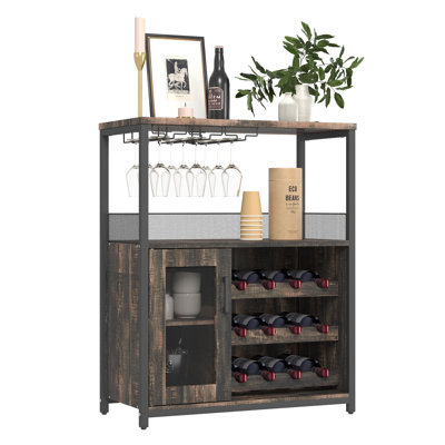3-Tier Wine Bar Cabinet with Removable Wine Rack, Liquor Storage Cabinet with Glass Holder & Mesh Door, Coffee Bar Sideboard Buffet for Living Room or Dining Room