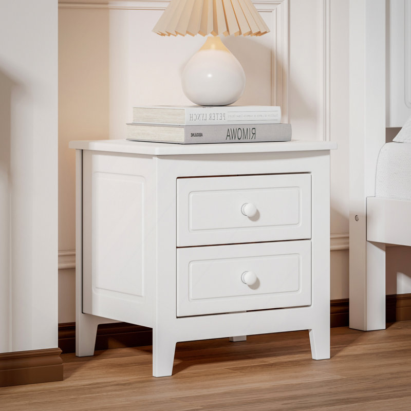 Table de chevet 2 tiroirs pour chambre à coucher, table de chevet rétro Mid-Century avec design classique, Blanc