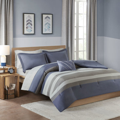 Édredon pour lit simple avec draps - Bleu serein et rayé gris et taies d'oreiller