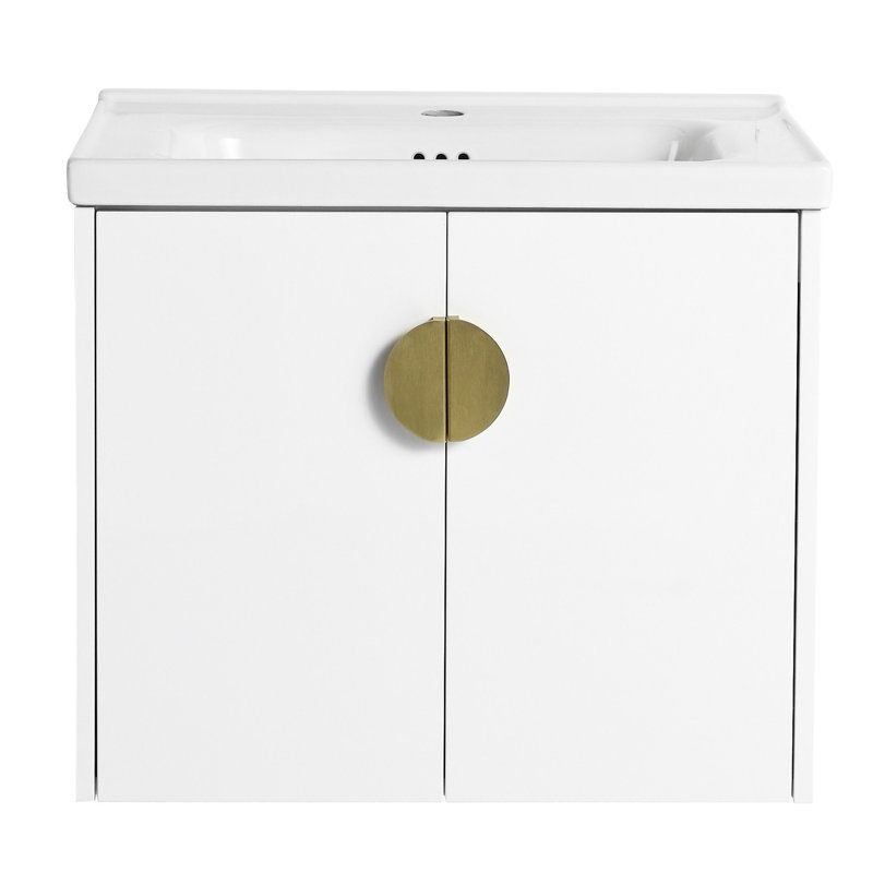 Meuble-lavabo mural moderne 24 po. Armoire 2 portes blanc brillant pour petites salles de bain. Lavabo en céramique. Contreplaqué. 2 poignées en métal doré et noir. Style tendance. (Élément.