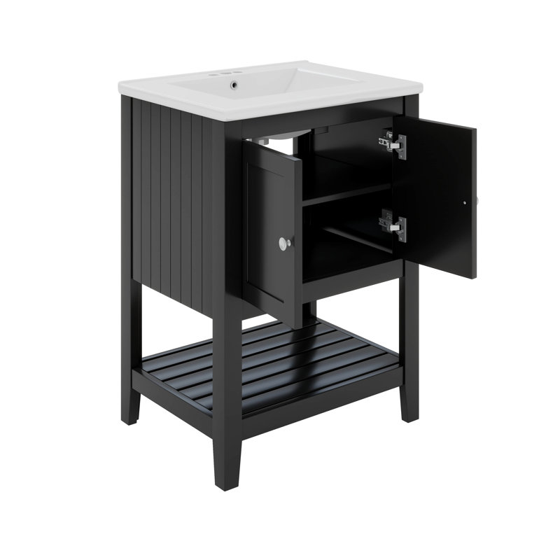 Lavabo de salle de bain moderne élégant en céramique 24 po avec tablette ouverte, Noir