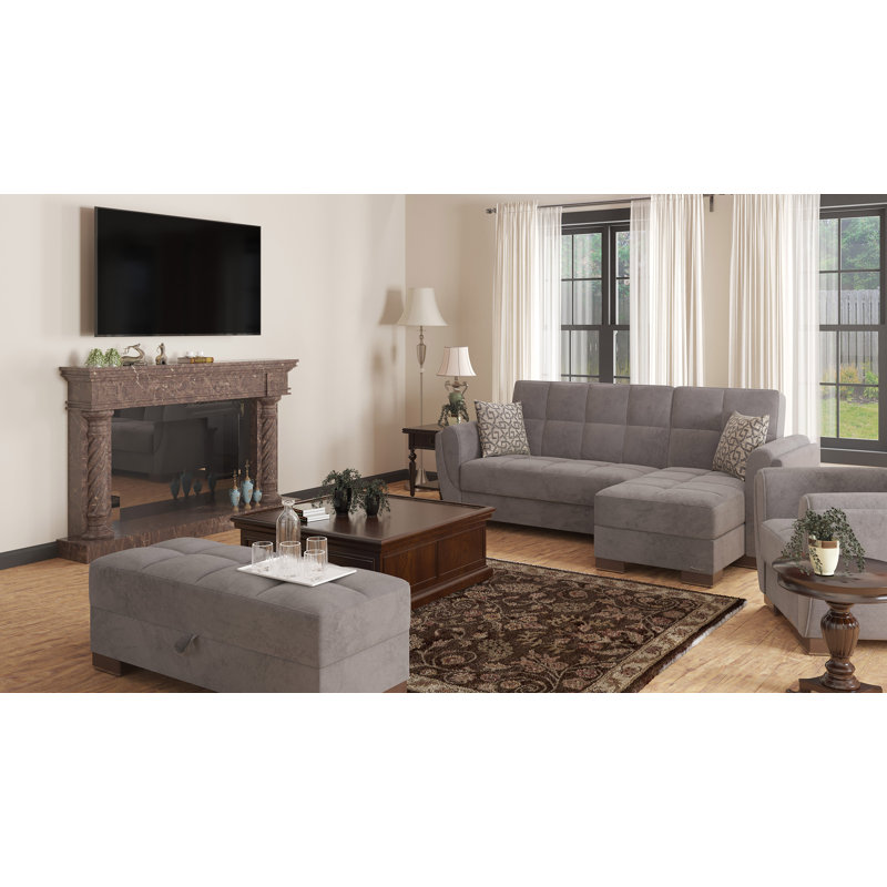  Clemmer Fabric Upholstered Ottoman with Storage, Firm Seat Cushion, Gray Microfiber