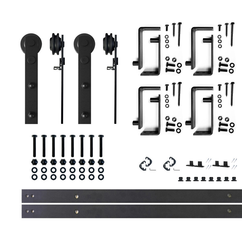 Ensemble de quincaillerie noir rustique pour porte de grange à deux portes à conception droite en forme de U et dérivation à deux rails