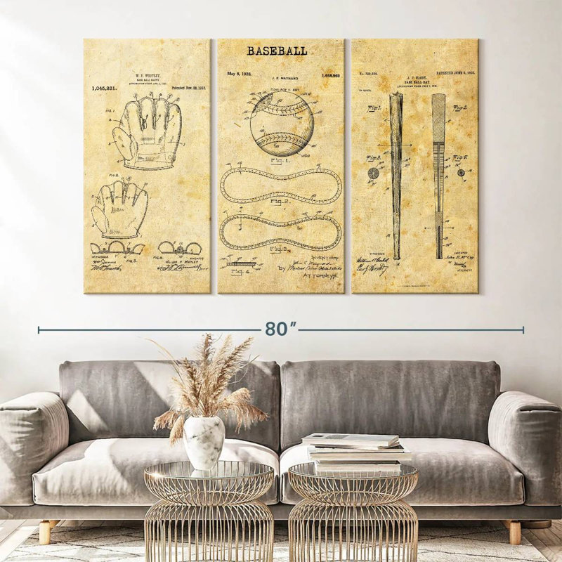 " Baseball Compilation Patent " by Patent Hunter 3 - Pieces, 42" H x 65" W x 1.25"