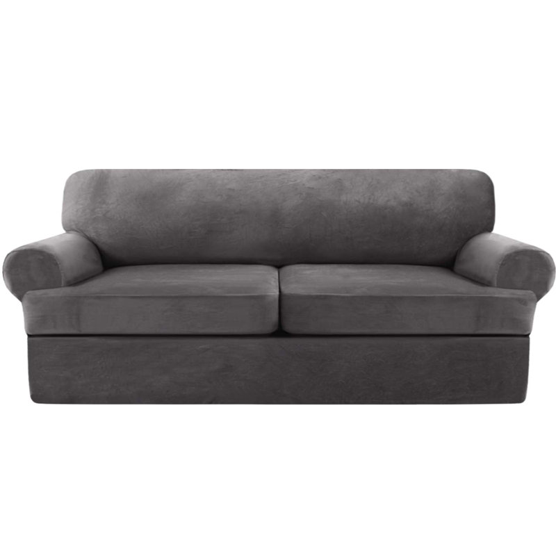 Velvet Stretch 3 Piece T Cushion Sofa Slipcovers for 2 Couch Covers with 2 Individual T Cushion Covers Machine Washable, Grey