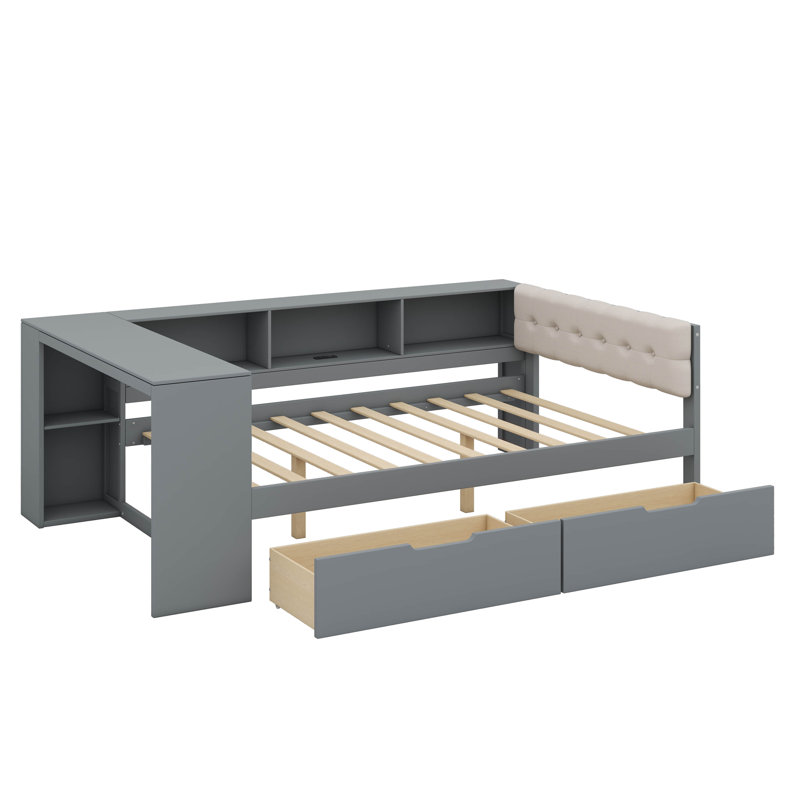Lit plateforme double avec tablettes, tiroirs, port de charge et tête de lit recouverte de tissu, Gris