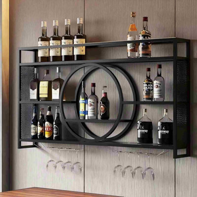 39 Inch Metal Wall Mounted Wine Rack, 3 Tier Bar Shelves With Glass Holder, Large Capacity Modern Liquor Shelves For Home Bar, Dining Room & Kitchen, Black