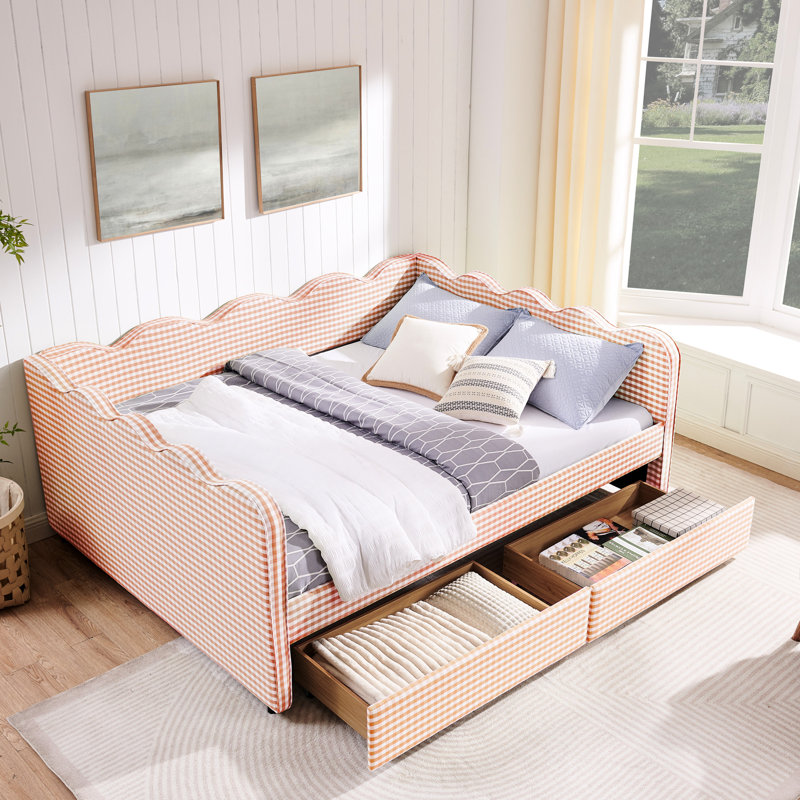 Grand lit avec tissu en lin, motif ondulé, deux tiroirs de rangement, port, pour repos dans un lit de repos