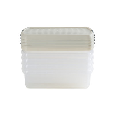 Wham Clip 5x 8.5L Rectangular Plastic Storage Boxes with Secure Clip Lock Lids. L:39 x W:29 x H:10.5cm Clear/Green Milieu/Stone