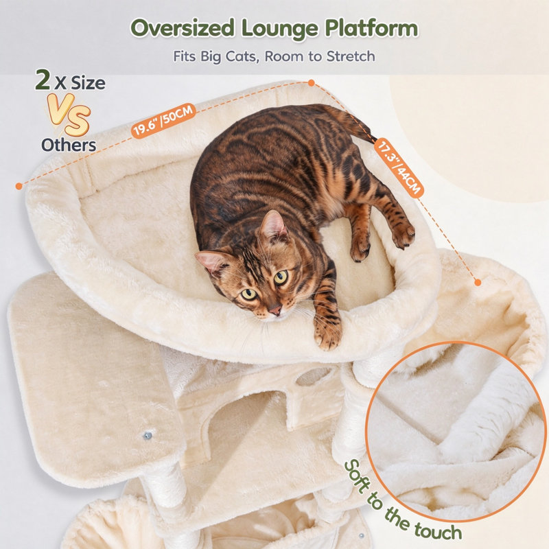 183cm Large Cat Tree Tower for Indoor Cats, with 7 Sisal Scratching Posts, 2 Cat Condos, Platform, 2 Hanging Baskets & Metal Hammock, Beige