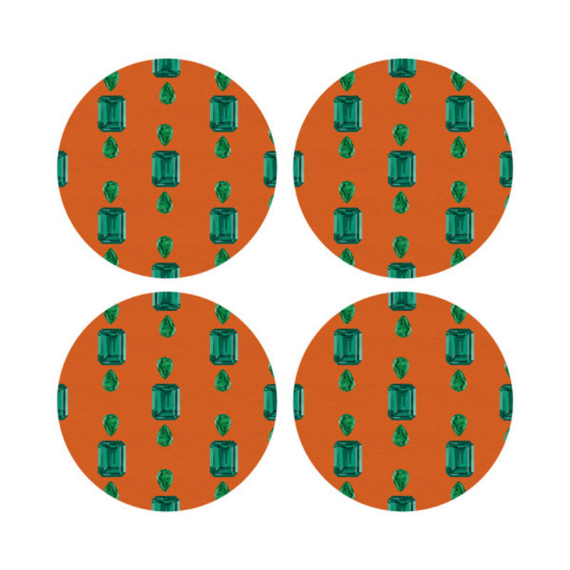 Vegan Leather Round Placemats, Emeralds, Orange