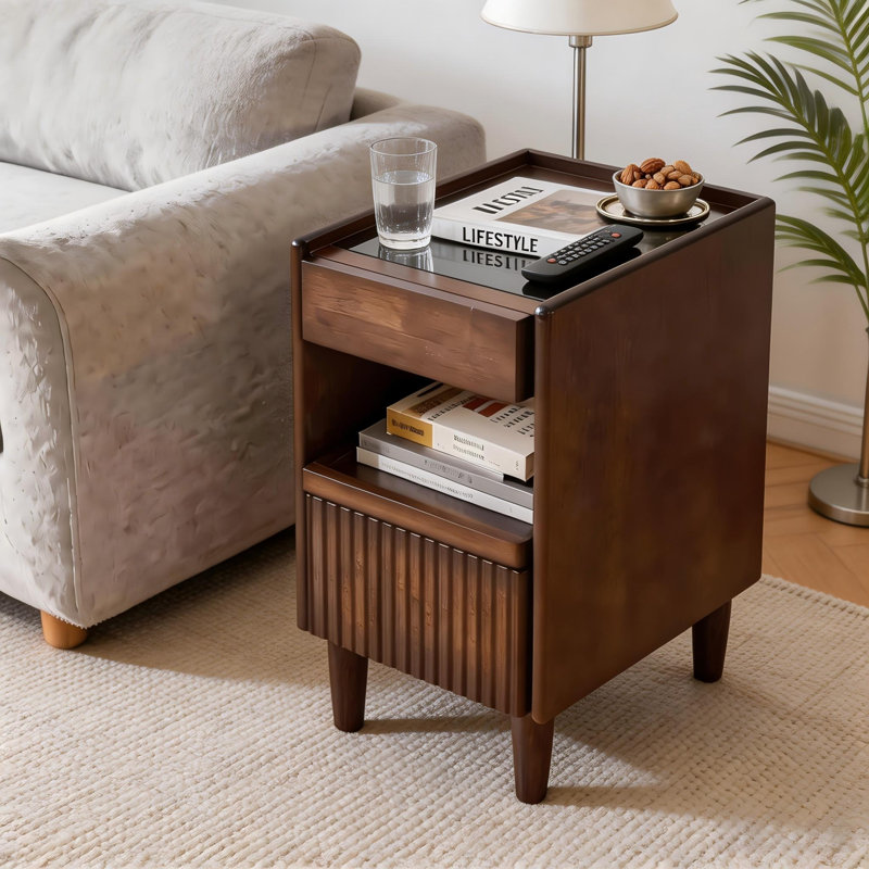 Table de bout en bois massif avec plateau en verre et tiroirs, table de chevet étroite avec plateau coulissant, table de chevet unique, petite table d'appoint avec rangement pour chambre à coucher, salon, noyer