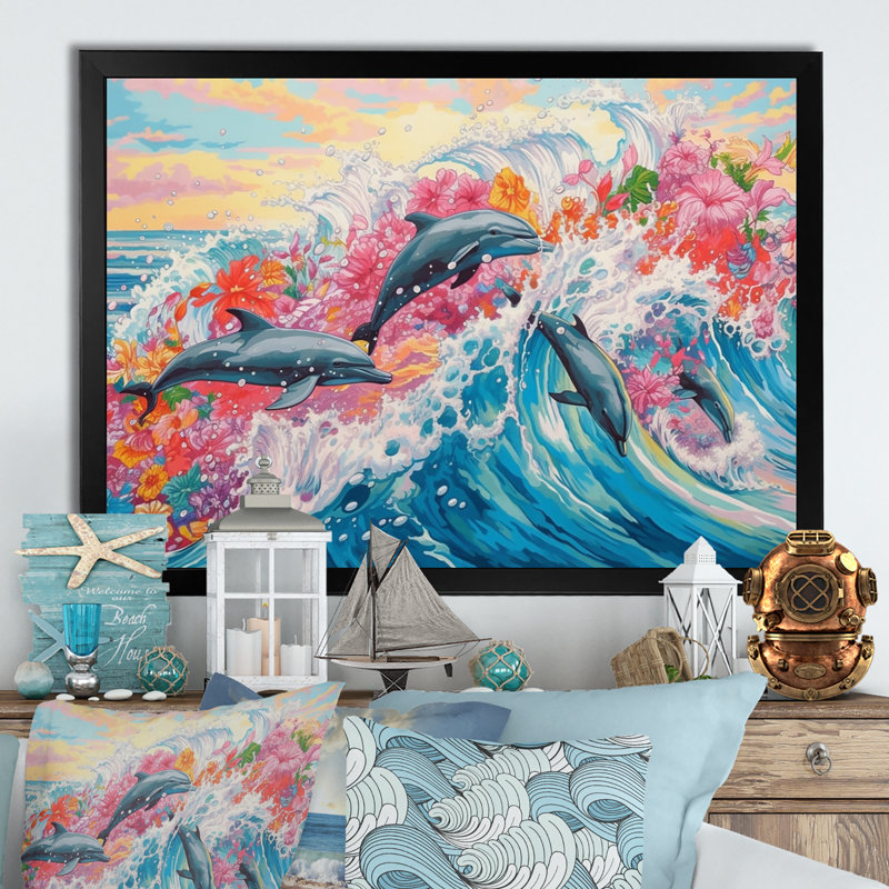 Dauphins colorés - art mural dauphin, Cadre simple noir, H 12 po x l 20 po x P 1 po