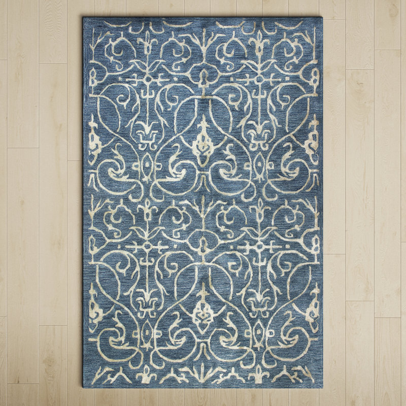 Waylon Handmade Tufted Azure/Ivory Area Rug, Rectangle 5'6" x 8'6"