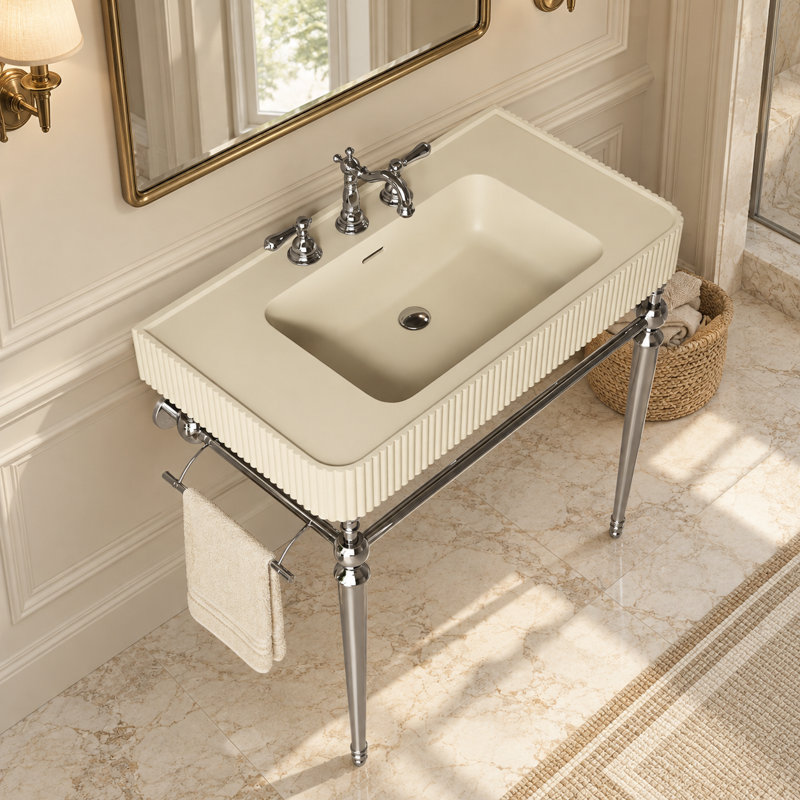 Lavabo de console de salle de bain cannelé avec cuve intégrée à surface solide, pieds en métal rétro et barre à serviettes
