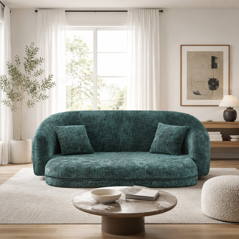Canapé inclinable incurvé convertible, canapé-lit 2 en 1 escamotable, avec base escamotable et siège profond, comprend deux coussins, fauteuil inclinable en chenille deux places