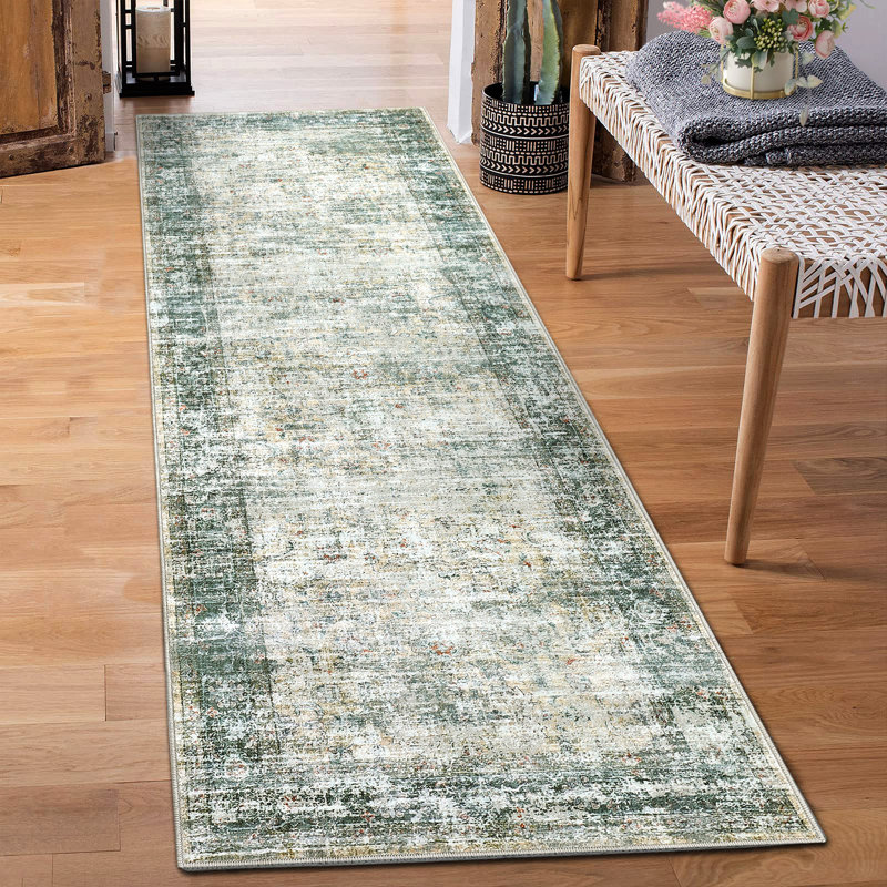 Washable Area Rug, Vintage Distressed Low Pile Non-Slip Foldable Retro Abstract Indoor Floor Carpet, Yellow Green, 2'x6'