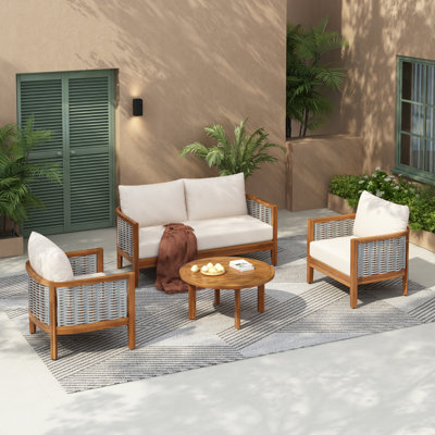 Canna Outdoor 4-Piece Acacia Wood Conversation Set With Woven Rope & Cushions