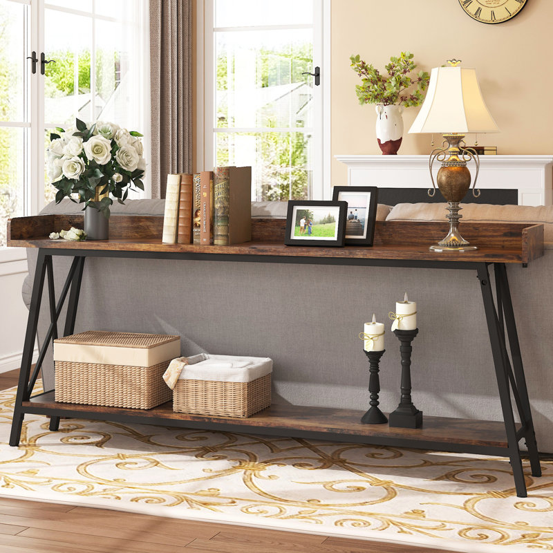 Console de 70,87 pouces de long avec canapé-lit, canapé de style industriel rustique pour le salon, table de bar étroite pour le couloir d'entrée, brun et noir