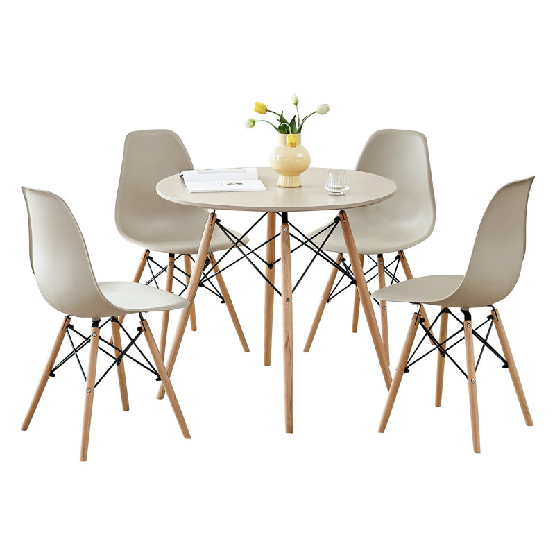 5-Piece Round Dining Table Set for 4, 31.5” Kitchen Table with Chairs, Solid Wood Legs, Plastic Seats, Sand, Beige, Beige