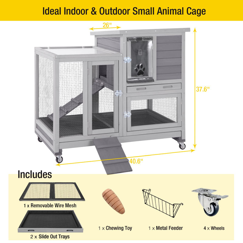Wooden Bunny Hutch Indoor& Outdoor Rabbit Hutch Guinea Pig Cage for Small Animals with Trays (Grey), Grey
