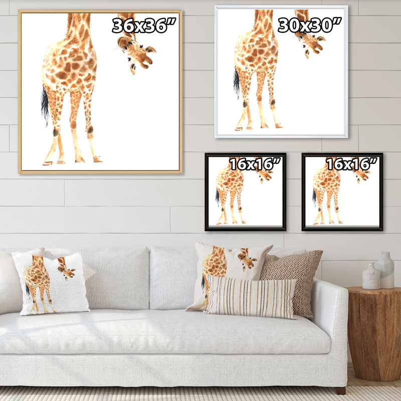 Portrait d'une girafe sur blanc - peinture sur toile, H 36 po x l 36 po x P 1,5 po, Cadre flottant noir