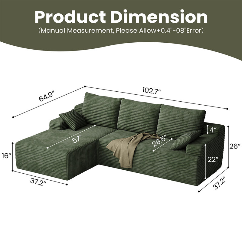 Boneless 104" 2-Piece Compression Boneless Corduroy L-Shaped Modular Sectional Sofa, 【Upgraded High-Density Foam】, No Assembly Required