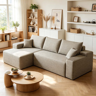 Canapé modulaire 107 po avec méridienne en L 107 po, canapé modulaire moderne avec assise profonde, fauteuils rembourrés pour la chambre à coucher du salon, aucun assemblage requis, chameau (tissu velours côtelé moelleux)