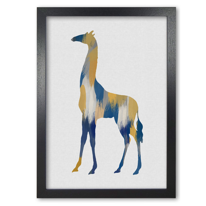 Giraffe Blue & Yellow - Print, 60 cm H x 42 cm W x 5 cm D, Black Grain Frame