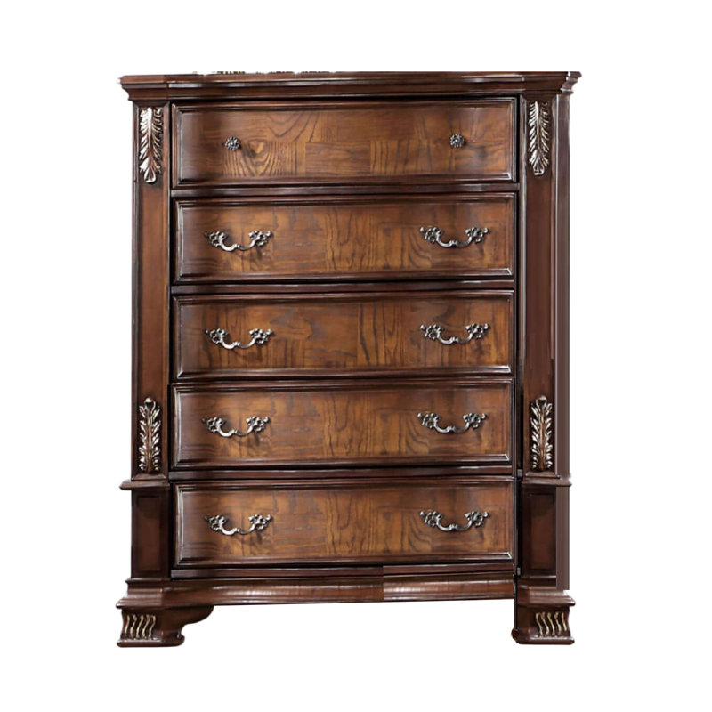 Commode haute Prio, 5 tiroirs, bois sculpté classique,, Brun cerisier