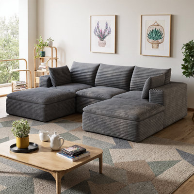 102" Cloud U-Shaped Modular Sectional Sofa with 2 Ottomans, Deep Seat Corduroy Couch, 5-Seat Double-Layer Design, Removable Cushions, No Assembly Required, DIY Combination for Living Room