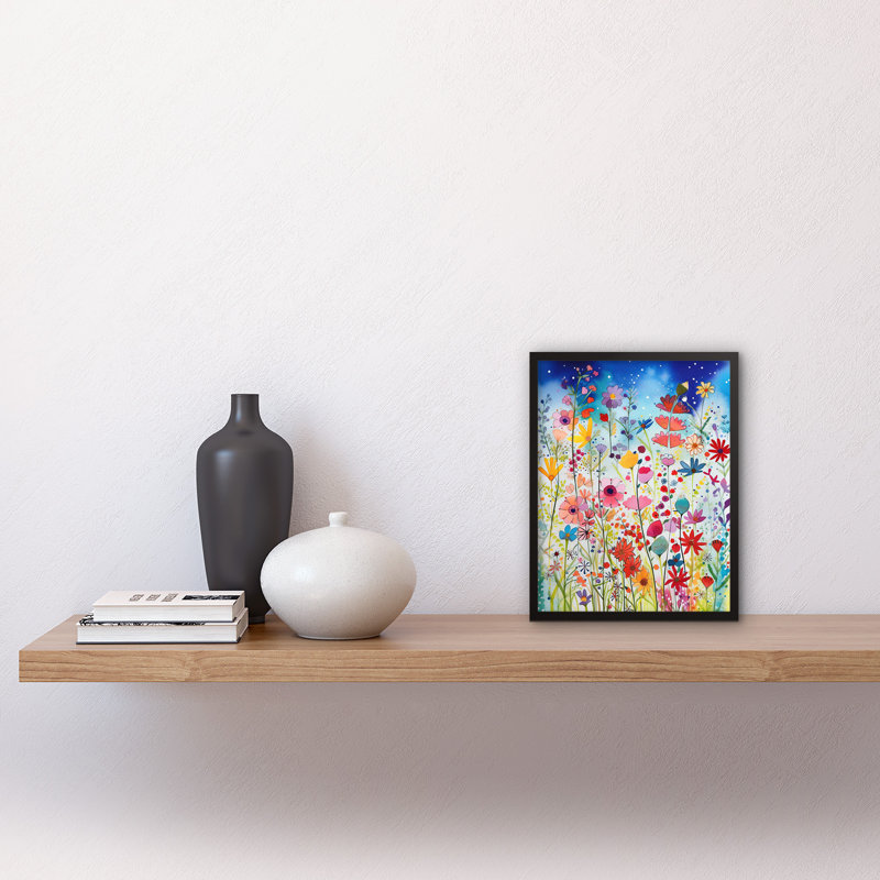 Summer Wildflower Meadow Folk Art Artwork Framed Wall Art Print 9X7 Inch