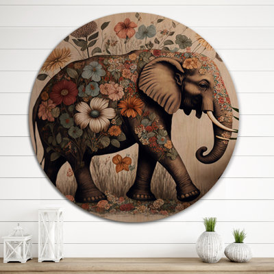 Éléphant rétro entouré de fleurs II - animaux, éléphant, art mural en bois - bois de pin naturel