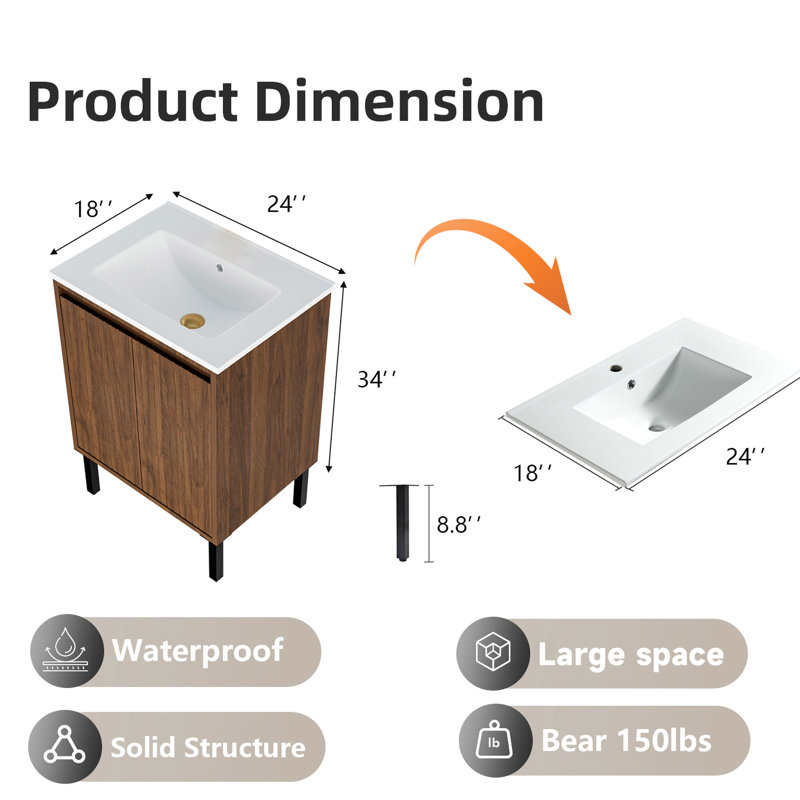 Meuble-lavabo de 24 po, installation double, panneau multicouche, lavabo en céramique, grande capacité de rangement, options d'installation modernes, construction, surface facile à nettoyer