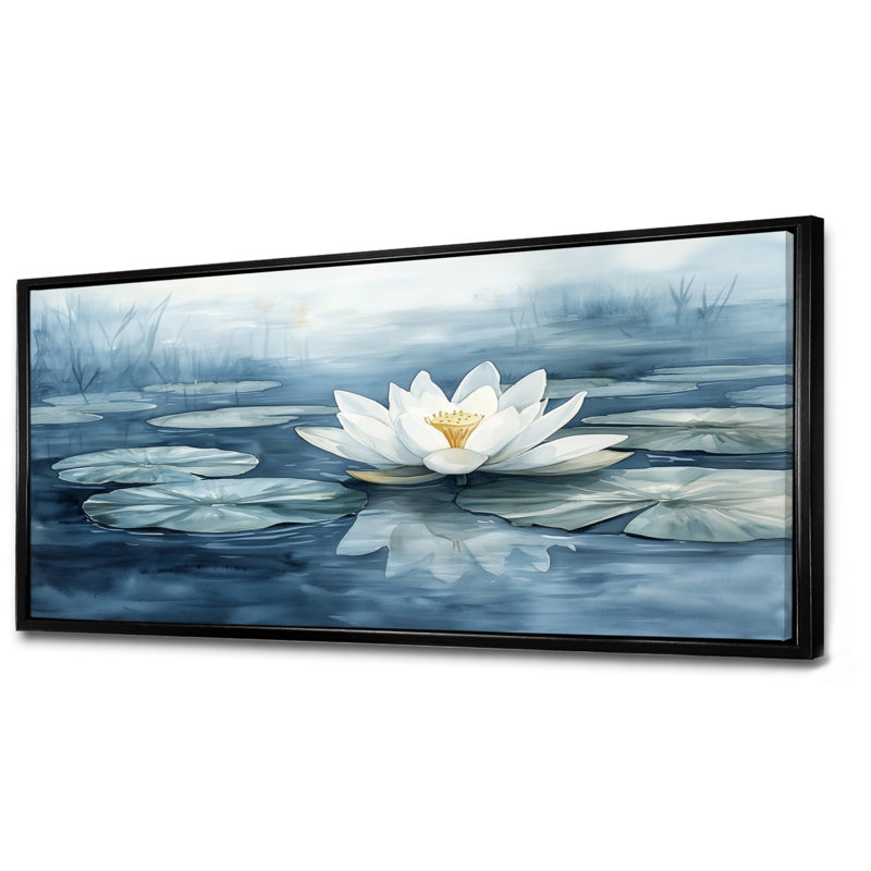 Impression sur toile White Lotus Calming Pond I - White Zen, H 28 po x l 60 po, Cadre flottant noir
