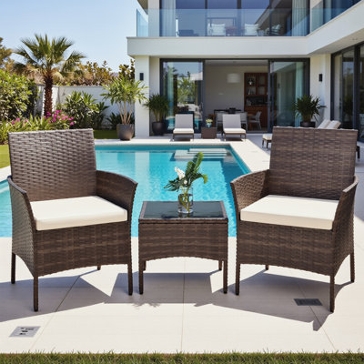 3-Piece outdoor Handwoven Wicker Bistro Chat Set with Cushions for Balcony, Porch & Small Patio by Latitude Run