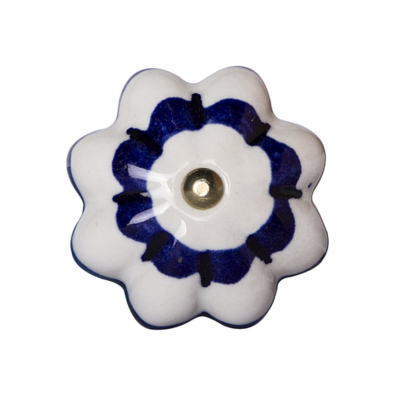 Hand-Painted White and Blue Ceramic Floral Knob Set