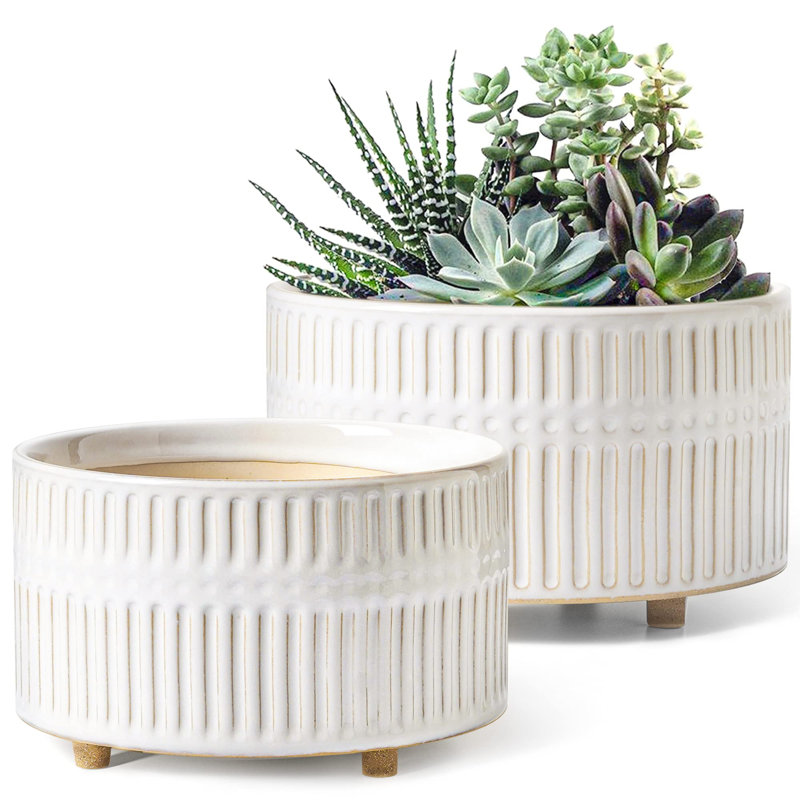 6.5+8 Inch Ceramic Plant Pot with Drainage Hole, Reactive Glaze White
