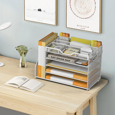 Organisateur de bureau avec porte-stylos, comprend 3 porte-stylos et 4 cloisons amovibles. Rangement de bureau en filet polyvalent à 5 niveaux (blanc)