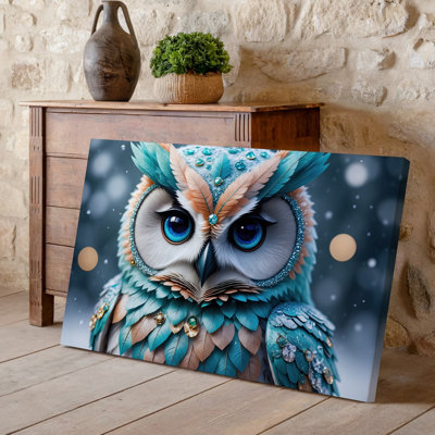 Reproduction d'art sur toile, hibou fantaisiste au design complexe perché gracieusement avec ses plumes ornées de nuances vibrantes de pêche