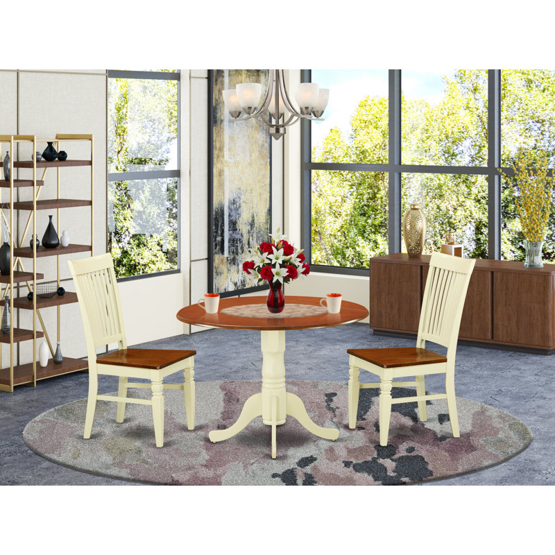 3 Piece Dining Set Contains a Round Dining Room Table with Dropleaf and 2 Wood Seat Chairs, Buttermilk & Cherry