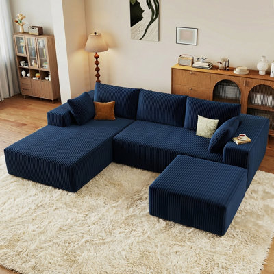 96" U Shaped Modular Sofa with Chaise, Cloud Boneless Comfort Sectional Sofa Couch, Modern Corduroy Deep Seat Couch, Convertible 4-Seater for Living Room