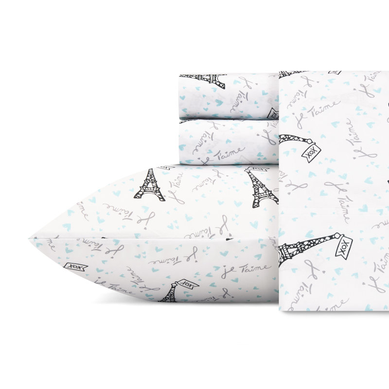 Betsey Johnson Printed Novelty Sheet Sets, Twin Sheet Set with 1 Standard Pillowcase, Je Taime Paris Blue