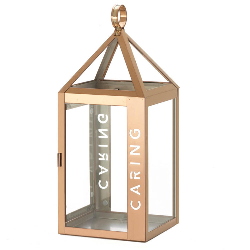 LARGE ROSE METAL CARING LANTERN, 17.5'' H x 7'' W x 7'' D
