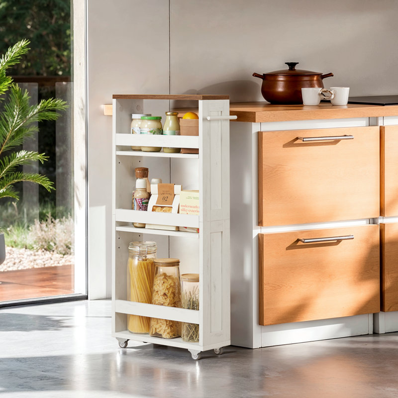 Tier Slim Storage Trolley, Kitchen Trolley With Wheels, Handle, Small Space, 15 X 43.2 X 86.5 Cm, Bathroom, Laundry Room, Rustic White