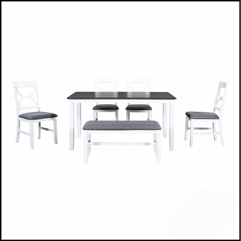 Ensemble de table de salle à manger 6 pièces en bois avec banc rembourré et 4 chaises, style campagnard pour des rassemblements confortables et durables