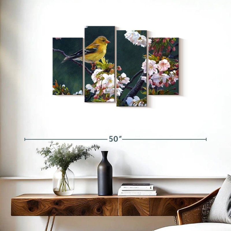 Female Goldfinch And Blossoms, H 22 po x l 36 po