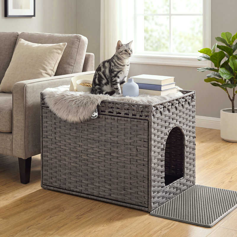 Meuble à litière en rotin tissé à la main Boho avec tapis de litière supplémentaire et plateau lavable amovible, Gris